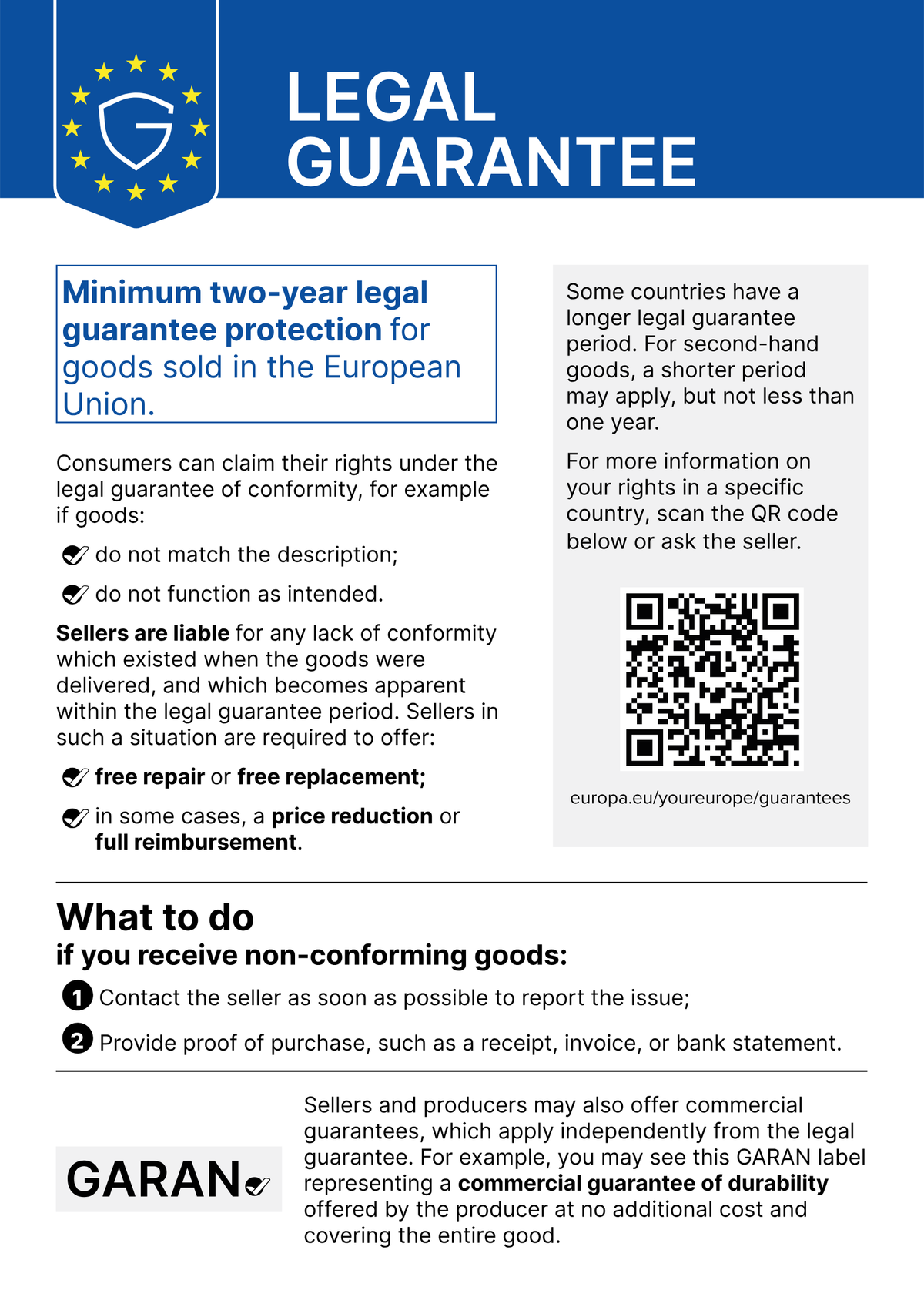 Legal guarantee – official European Union notice: minimum two-year legal guarantee protection for goods sold in the European Union.